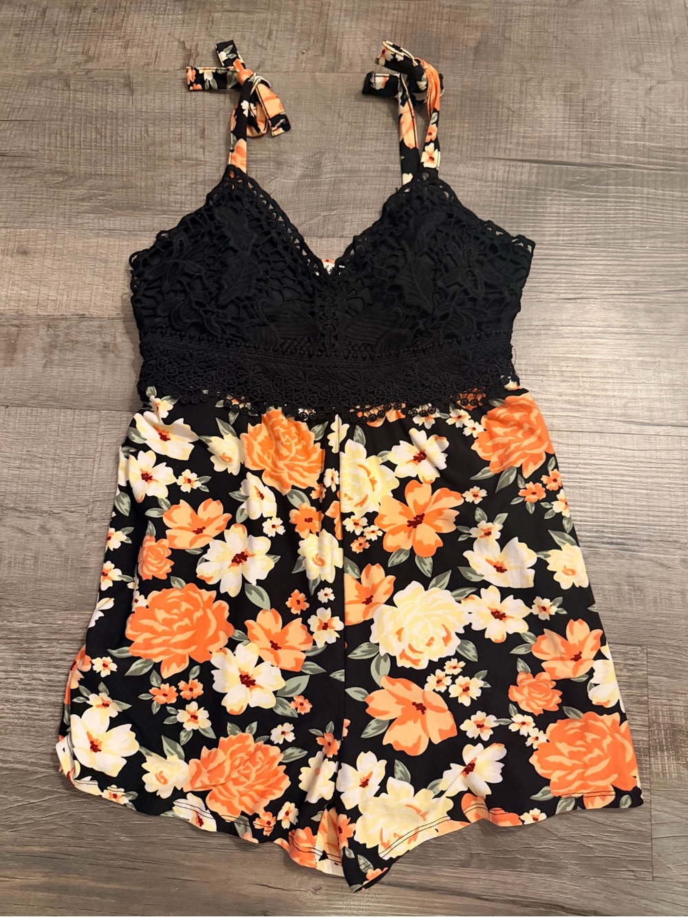 Black Floral Lace Romper Crochet Bust Orange Cottagecore Size M